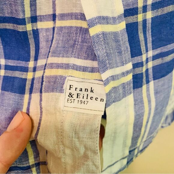 Frank & Eileen Eileen Relaxed Button Up Short Italian Classic Linen Blue Plaid L - Picture 6 of 11